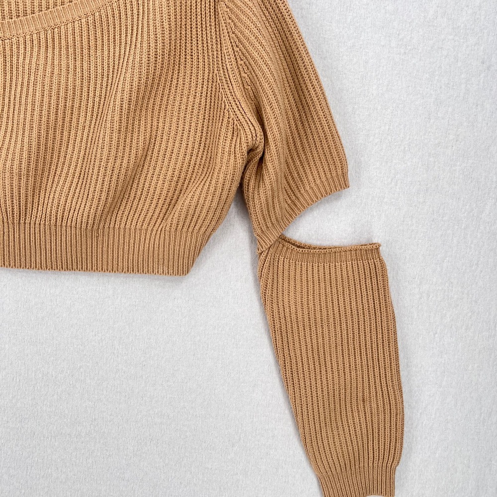 HOUSE OF CB LONDON Mila Sand Cropped Knit Sweater Womens XS Tan Cut out Crew - Picture 8 of 16